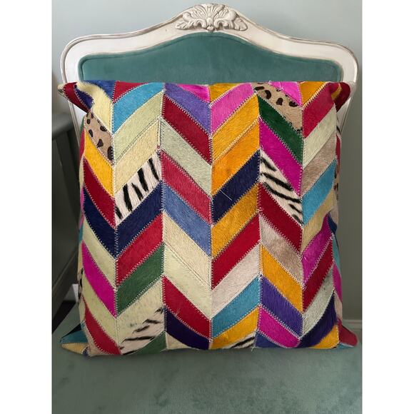 Cowhide Patchwork Decorative Pillow Cover colorful fun unique bright 18” - Picture 6 of 16